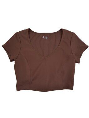 Offline By Aerie Brown V-Neck Crop Top Womens L Short Sleeve Stretchy